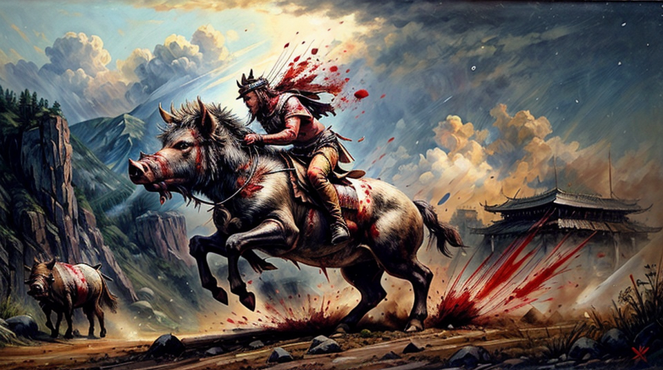 00133-185210182-full of Action, (A north warior riding a boar running at the viewer, (bleeding, pierced by spears, scattering drops of dirt and.png